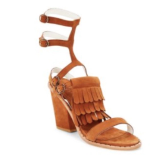 Freda Salvador Fringed Gladiator Block Heel Sandals In Camel Suede US 6.5 - Picture 4 of 13